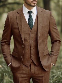Men’s Vintage Herringbone Tweed 3-Piece Suit Set